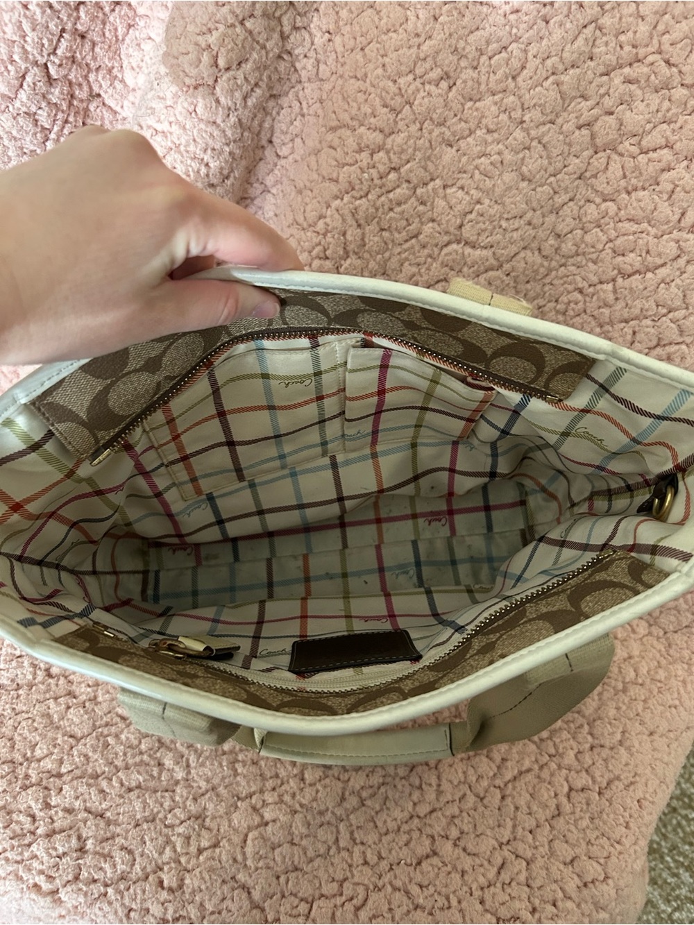 Coach Canvas Signature Stripe Tote in Brown and Cream with Pale Yellow Trim - Picture 4 of 6